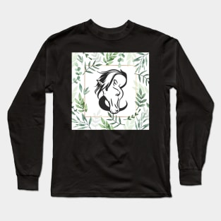 Horse Lover Art Sage Green Floral Pattern Frame Design Horses Long Sleeve T-Shirt